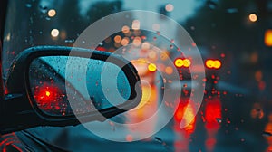 Rainy Night Drive Car Mirror Reflections A cars rearview mirror reflects the blurry lights of traffic in the rain creating photo