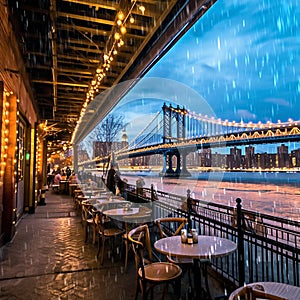 rainy night New York city panoramic , blurred neon light reflection,sea water , starry sky and moon