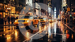 Rainy Night in New York with Yellow Taxis Ai generated