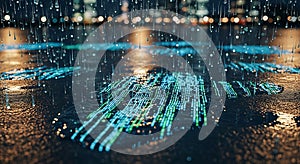 Digital Rain on City Street with Glowing Binary Code Reflections