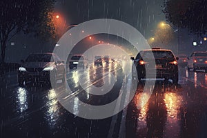 Rainy Night Traffic in the City. Perfect for Urban-themed Designs.