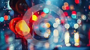 Rainy night traffic signal. Close-up of a glowing red traffic light on a rainy evening with blurred city lights in the background