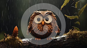 Rainy Plateau: A Cute Owl In Vray Tracing Style