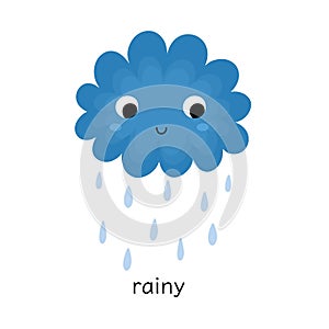 Rainy print with a cute cloud character for kids. Educational weather flash card