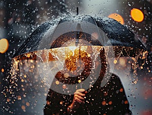 Rainy rainy day. Woman in raincoat with umbrella on rainy day