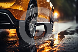 Rainy road drama Car tires navigate wet terrain, close up focus