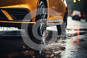 Rainy road drama Car tires navigate wet terrain, close up focus