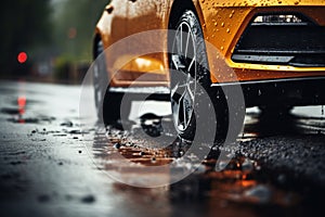 Rainy road drama Car tires navigate wet terrain, close up focus