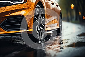 Rainy road drama Car tires navigate wet terrain, close up focus