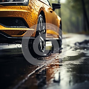 Rainy road drama Car tires navigate wet terrain, close up focus