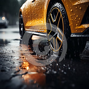 Rainy road drama Car tires navigate wet terrain, close up focus