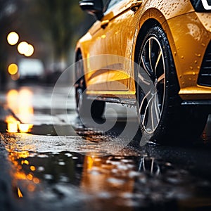 Rainy road drama Car tires navigate wet terrain, close up focus