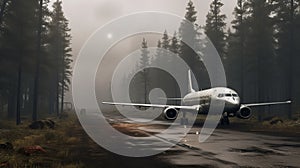 Rainy Runway: Atmospheric Woodland Imagery Of A Flying Airplane
