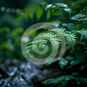 Rainy season abundance Natures leaves flourish in a watery landscape