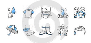 Rainy season hand drawn icon collection. Set 1 of 4. Vector illustration