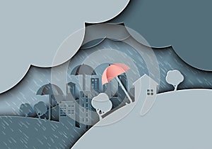 Rainy season monsoon background paper art style.