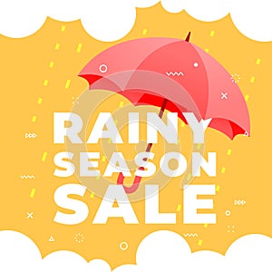 Rainy season sale with red umbrella on yellow background banner.