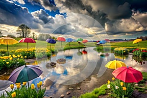 Rainy Spring Landscape with Dark Clouds, Wet Grass & Blooming Flowers