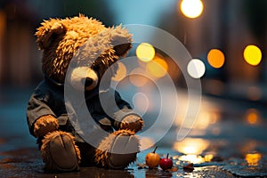 On a rainy street, a dejected teddy bear mourns in solitude