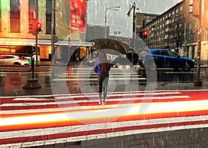 Rainy street evening blurred light city building car traffic girl with umbrella pedestrian crossing with traffic lights