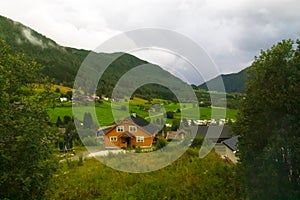 Rainy summer day landscape Myrkdalen Vossestrand Norway