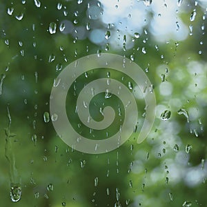 Rainy summer day, raindrops on window glass, large detailed macro closeup, gentle bokeh
