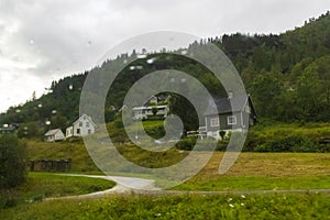 Rainy summer day Vinje village Voss Norway