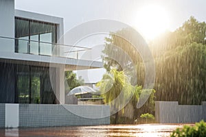 Rainy Summer Days: White Modern Home Under the Gentle Downpour of Rain - Cozy Indoor Retreat