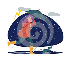 Rainy walking with dog. Girl with umbrella in storm weather, autumn season. Pet holder walk time vector illustration