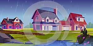 Rainy weather in countryside, cartoon vector