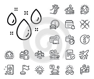 Rainy weather forecast line icon. Rain sign. Water drops. Plane jet, travel map and baggage claim. Vector