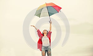 Rainy weather. Good mood. Good vibes. Open minded person. Girl feeling good sky background. Easy and free. Good weather