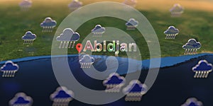 Rainy weather icons near Abidjan city on the map, weather forecast related 3D rendering