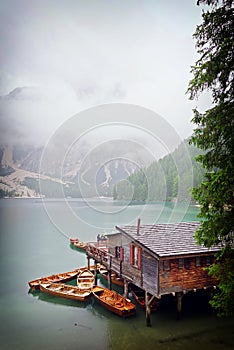 Rainy weather at Lago di Braies, Italy.