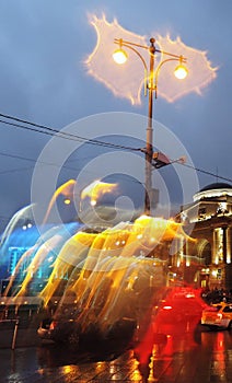 Rainy weather in Moscow city. Color evening photo.