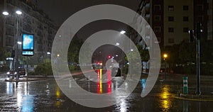 Rainy weather at night city, transport traffic and lights reflection on the road