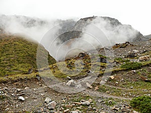 Rainy weather on way to Thorong La Pass from Muktinath, Nepal