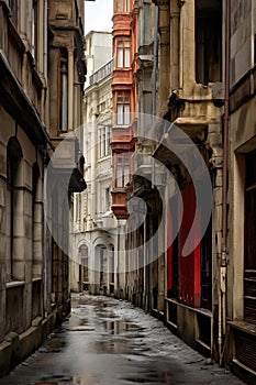 a rainy and wet street with red door and buildings, in the distance is an