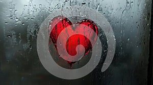 Rainy window, red heart, blurred background, romance