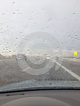 Rainy Windshield While Driving on the Highway