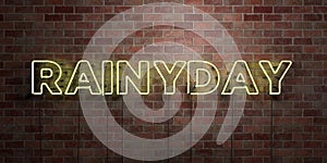 RAINYDAY - fluorescent Neon tube Sign on brickwork - Front view - 3D rendered royalty free stock picture photo