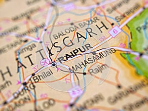 Raipur on a map of India with blur effect