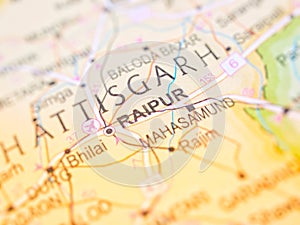 Raipur on a map of India with blur effect