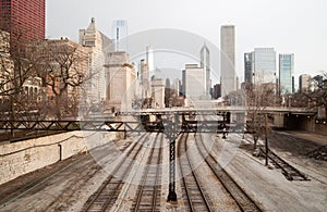 Rairoad Train Tracks Railyards Downtown Chicago Skyline Transportation