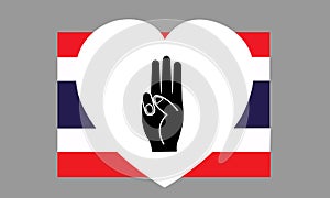 Raise 3 fingers in a white heart on the Thai flag. Symbol of political expression against dictatorship.