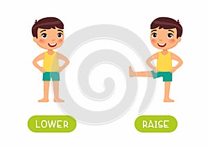 Raise and lower antonyms flashcard vector template.