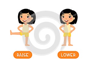 RAISE and LOWER antonyms flashcard vector template.