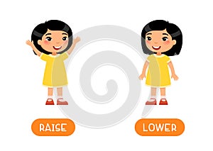 RAISE and LOWER antonyms flashcard vector template. Opposites concept.