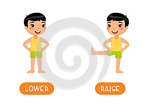 RAISE and LOWER antonyms flashcard vector template. Opposites concept.