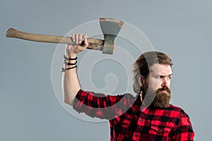 Raise a riot. male hairdresser or barbershop. brutal butcher in shirt. lumberjack ready to work in forest. confident